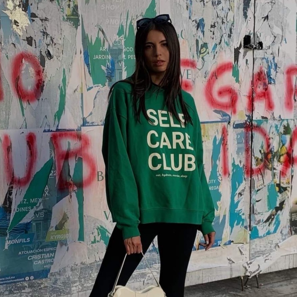 H&M Self Care Club crewneck pullover sweatshirt sporty rich ribbed kelly green - Picture 2 of 7